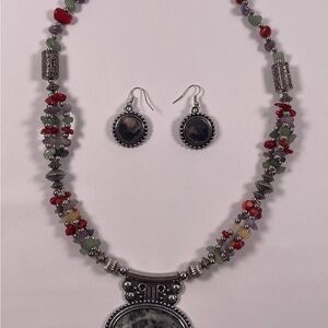 Jasper Pendant Necklace With Matching Drop Earrings